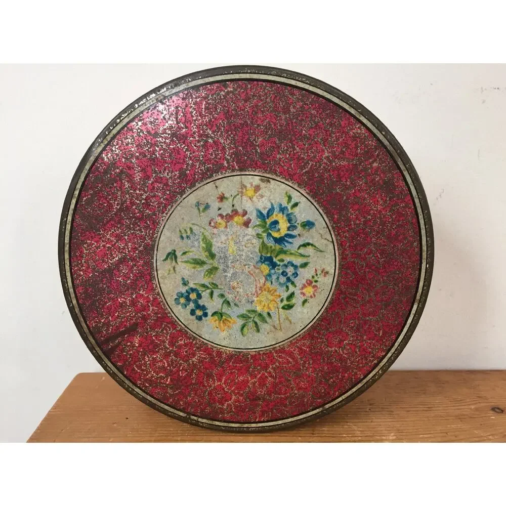 Vtg Huntley Palmers Floral Round Metal Biscuit Wafer Cookie Tin London England